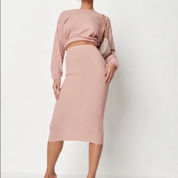 Missguided Tops Coord Rib Crop Top And Midaxi Skirt Set Dusky